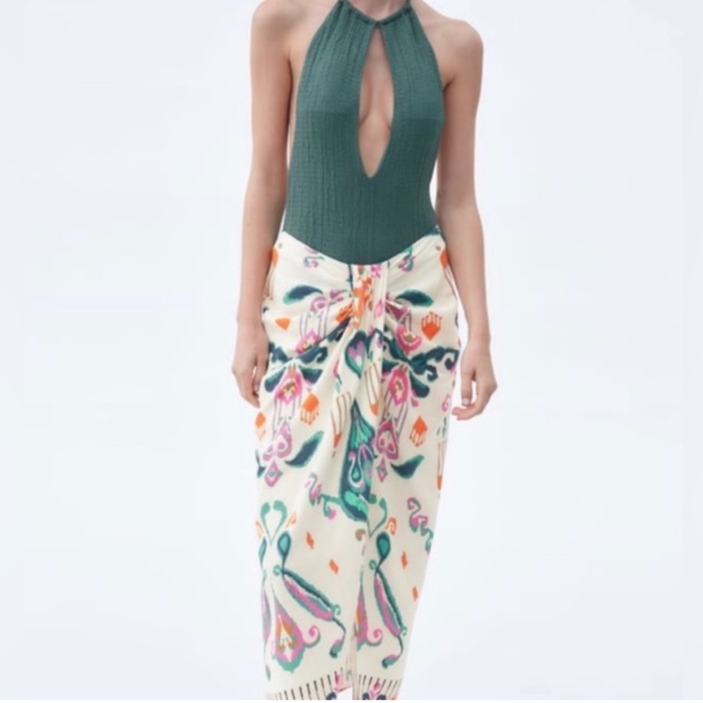 Zara Linen Blend Pareo Knotted Midi Skirt Size Small NWT